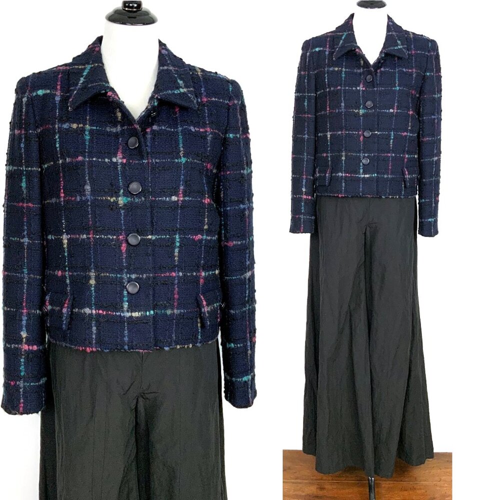 Vintage Herbert Grossman Black Plaid Rainbow Short Tweed Blazer Sz 8-6
